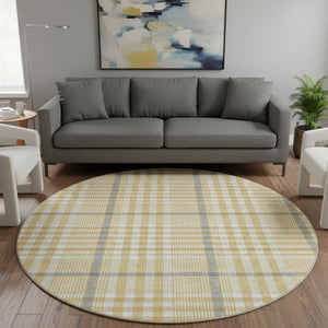 HomeRoots 8' Gold Ivory and Gray Plaid Washable Round Rug - Durable, UV-Protected, Stylish for Any Space 682628