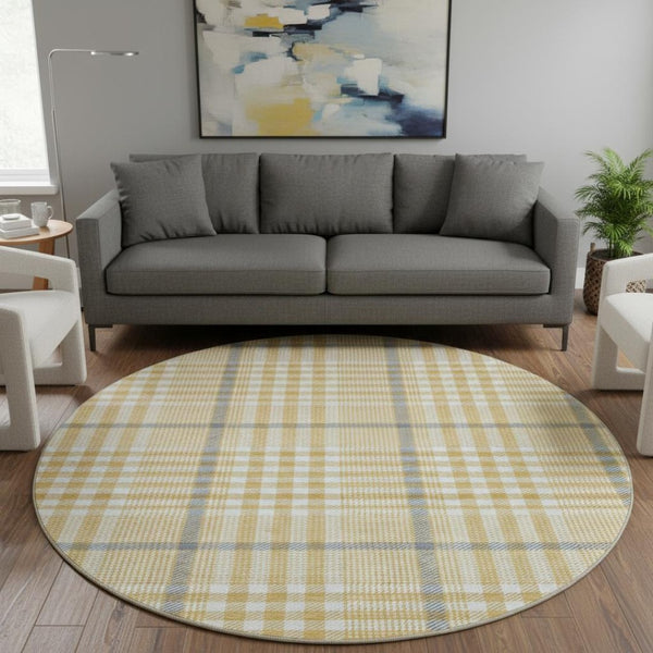 HomeRoots 8' Gold Ivory and Gray Plaid Washable Round Rug - Durable, UV-Protected, Stylish for Any Space 682628