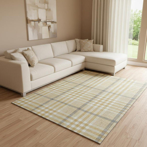 HomeRoots 8' X 10' Washable Gold, Ivory & Gray Plaid Area Rug with UV Protection for Kids and Pets – Durable! 682629