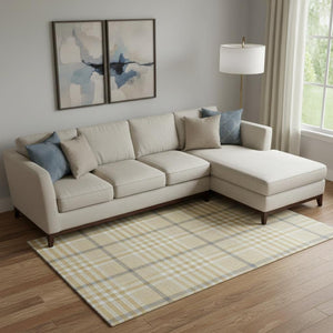HomeRoots 9' X 12' Gold Ivory Gray Plaid Area Rug - Durable, Washable, UV Protected for Family-Friendly Spaces 682630