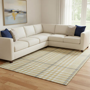 HomeRoots 10' X 14' Elegant Gold Ivory Gray Plaid Area Rug - Durable, Stain Resistant & UV Protected Design 682631