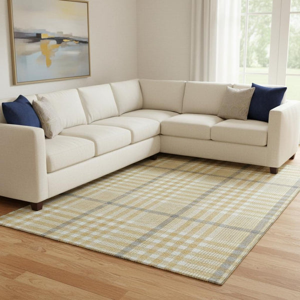 HomeRoots 10' X 14' Elegant Gold Ivory Gray Plaid Area Rug - Durable, Stain Resistant & UV Protected Design 682631