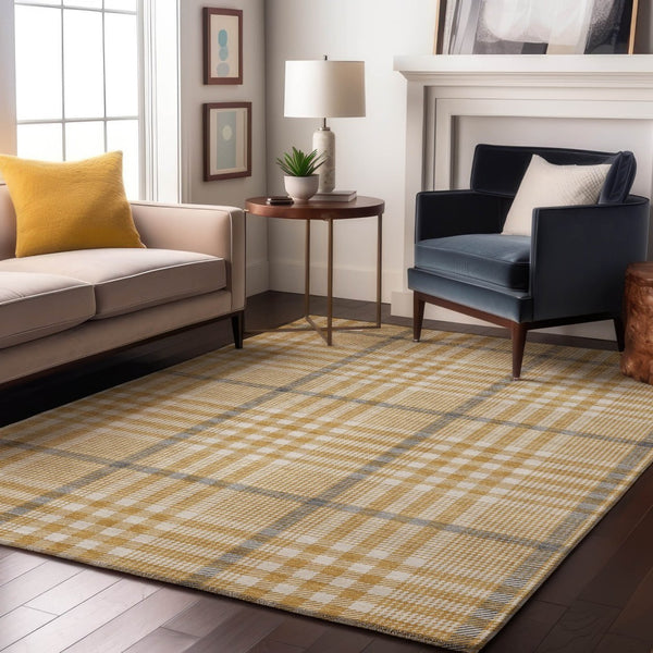 HomeRoots 10' X 14' Elegant Gold Ivory Gray Plaid Area Rug - Durable, Stain Resistant & UV Protected Design 682631