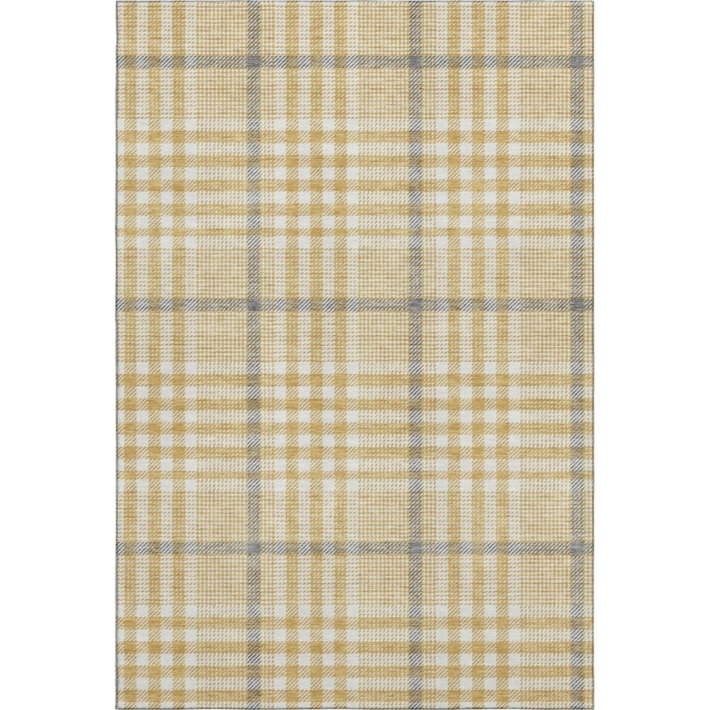 HomeRoots 10' X 14' Elegant Gold Ivory Gray Plaid Area Rug - Durable, Stain Resistant & UV Protected Design 682631