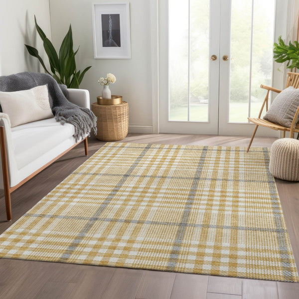 HomeRoots 10' X 14' Elegant Gold Ivory Gray Plaid Area Rug - Durable, Stain Resistant & UV Protected Design 682631