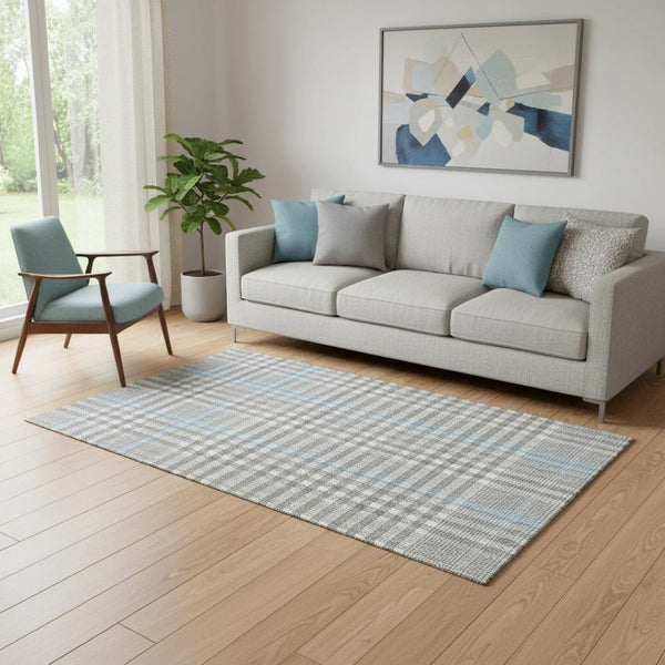 HomeRoots 5' X 8' Gray Ivory and Blue Plaid Area Rug - Washable, Stain Resistant, UV Protected for Homes 682633