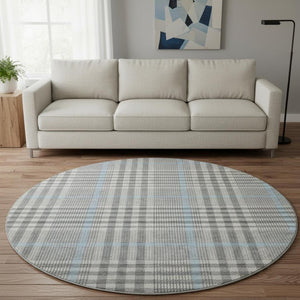 HomeRoots 8' Gray Ivory Blue Plaid Round Rug - Washable, Durable, UV Protected, Ideal for Busy Homes & Decor 682634