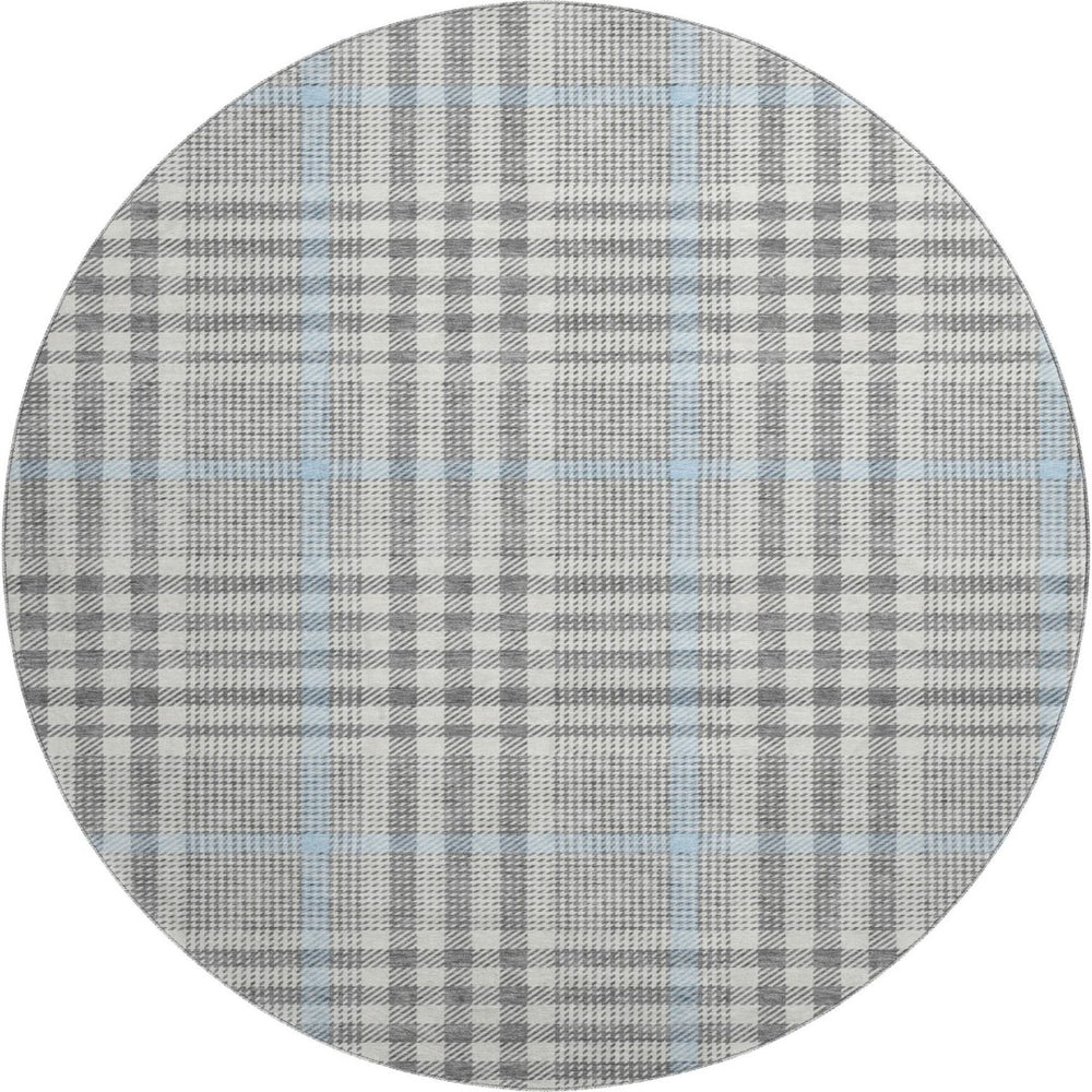 HomeRoots 8' Gray Ivory Blue Plaid Round Rug - Washable, Durable, UV Protected, Ideal for Busy Homes & Decor 682634