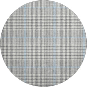 HomeRoots 8' Gray Ivory Blue Plaid Round Rug - Washable, Durable, UV Protected, Ideal for Busy Homes & Decor 682634
