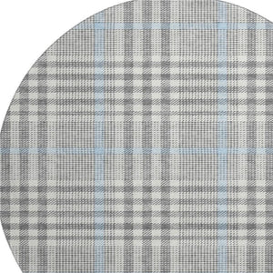 HomeRoots 8' Gray Ivory Blue Plaid Round Rug - Washable, Durable, UV Protected, Ideal for Busy Homes & Decor 682634