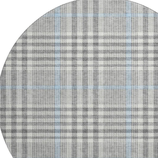 HomeRoots 8' Gray Ivory Blue Plaid Round Rug - Washable, Durable, UV Protected, Ideal for Busy Homes & Decor 682634