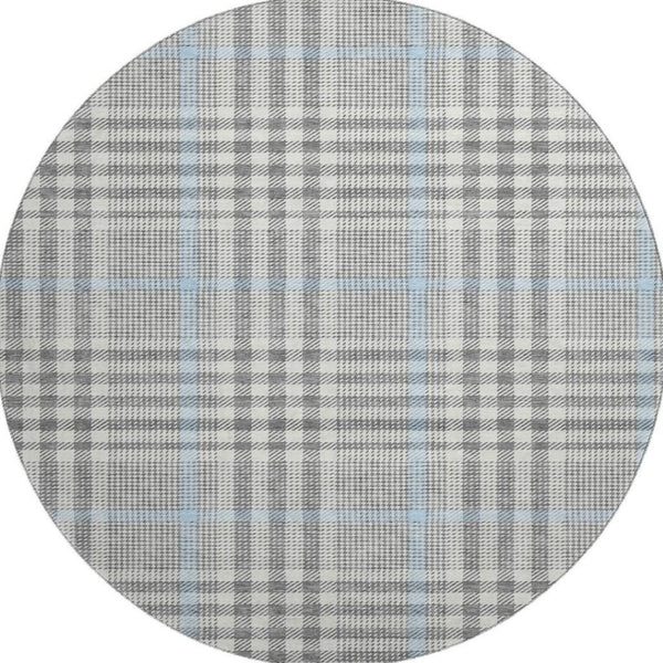 HomeRoots 8' Gray Ivory Blue Plaid Round Rug - Washable, Durable, UV Protected, Ideal for Busy Homes & Decor 682634