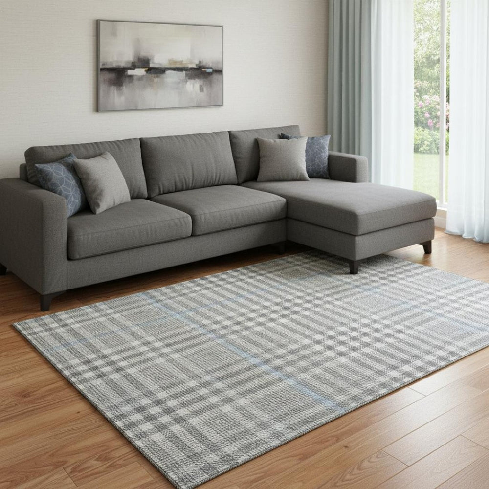 HomeRoots 8' X 10' Gray, Ivory & Blue Plaid Area Rug - Washable, Stain Resistant, UV Protected for Any Space 682635