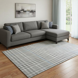 HomeRoots 8' X 10' Gray, Ivory & Blue Plaid Area Rug - Washable, Stain Resistant, UV Protected for Any Space 682635
