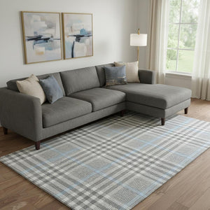 HomeRoots 9' X 12' Gray Ivory Blue Plaid Washable Area Rug - Soft, Stain-Resistant, UV Protected for Homes 682636