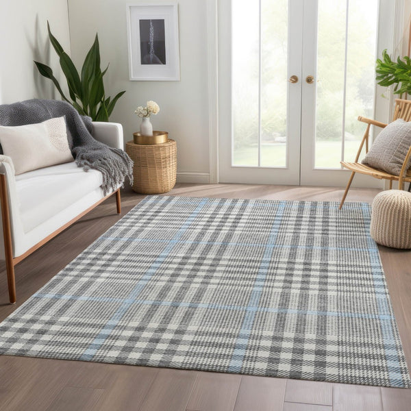 HomeRoots 9' X 12' Gray Ivory Blue Plaid Washable Area Rug - Soft, Stain-Resistant, UV Protected for Homes 682636