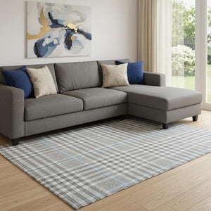 HomeRoots 10' X 14' Gray Ivory Blue Plaid Washable Area Rug - Durable, UV-Protected, Stain-Resistant Design 682637