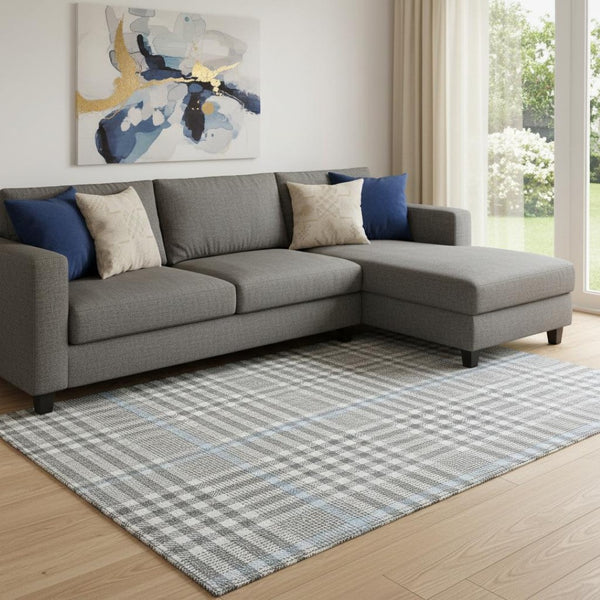 HomeRoots 10' X 14' Gray Ivory Blue Plaid Washable Area Rug - Durable, UV-Protected, Stain-Resistant Design 682637