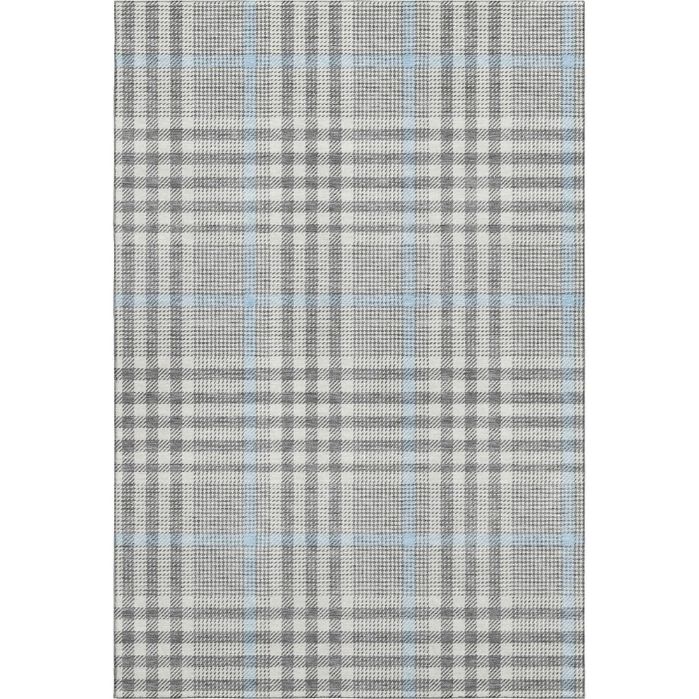 HomeRoots 10' X 14' Gray Ivory Blue Plaid Washable Area Rug - Durable, UV-Protected, Stain-Resistant Design 682637
