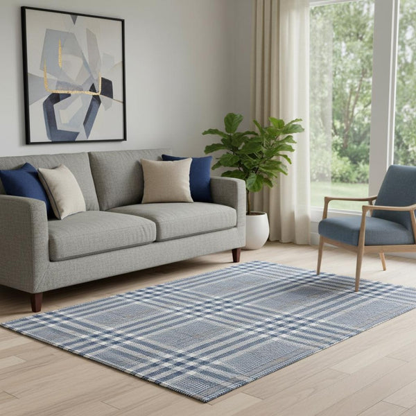 HomeRoots 5' X 8' Navy Blue, Ivory & Gray Plaid Washable Area Rug - Stain-Resistant, UV-Protected & Stylish! 682639