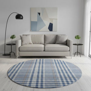 HomeRoots 8' Washable Round Rug in Navy, Ivory & Gray Plaid – Durable, UV-Protected, Stain-Resistant Design! 682640