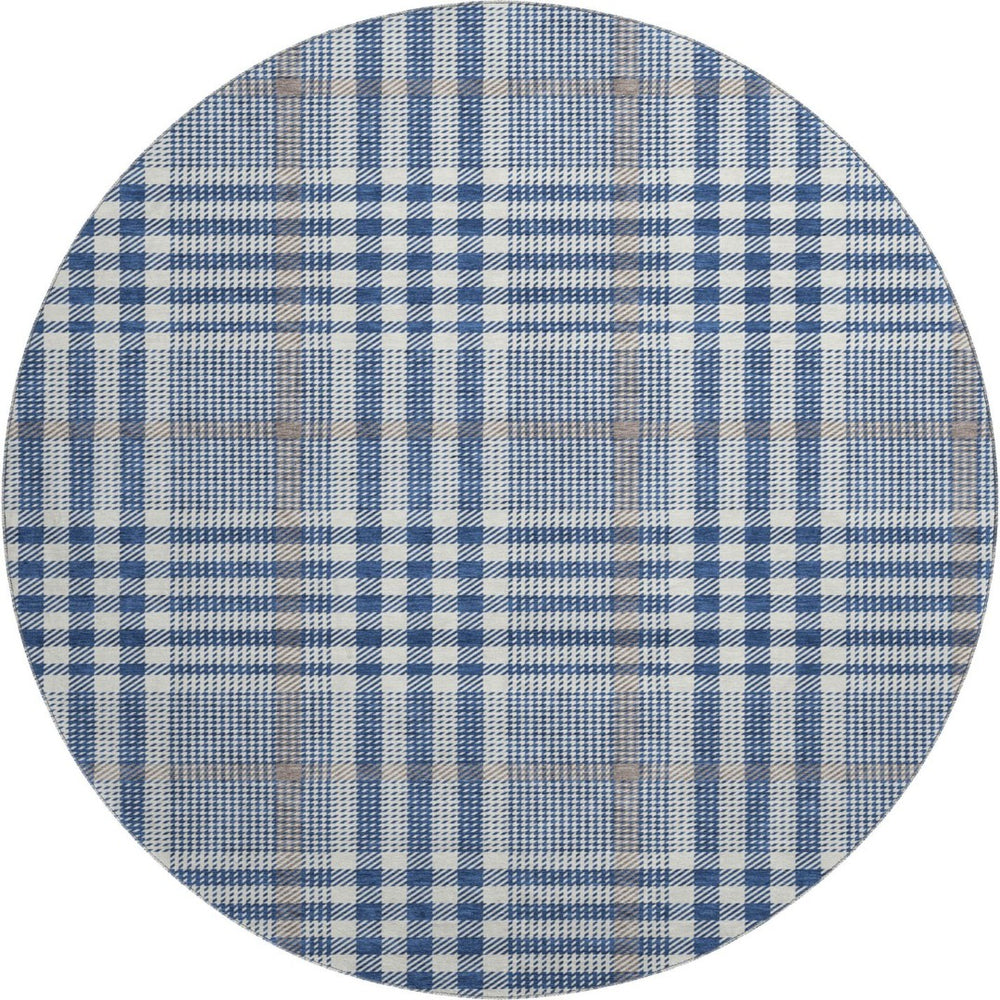 HomeRoots 8' Washable Round Rug in Navy, Ivory & Gray Plaid – Durable, UV-Protected, Stain-Resistant Design! 682640