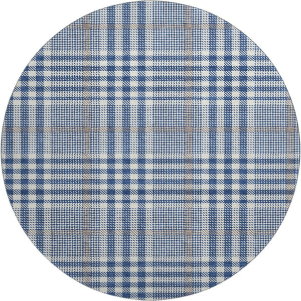 HomeRoots 8' Washable Round Rug in Navy, Ivory & Gray Plaid – Durable, UV-Protected, Stain-Resistant Design! 682640