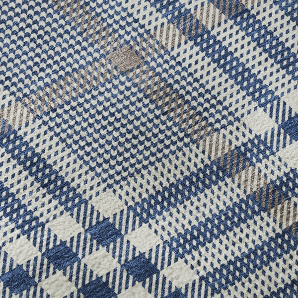 HomeRoots 8' Washable Round Rug in Navy, Ivory & Gray Plaid – Durable, UV-Protected, Stain-Resistant Design! 682640