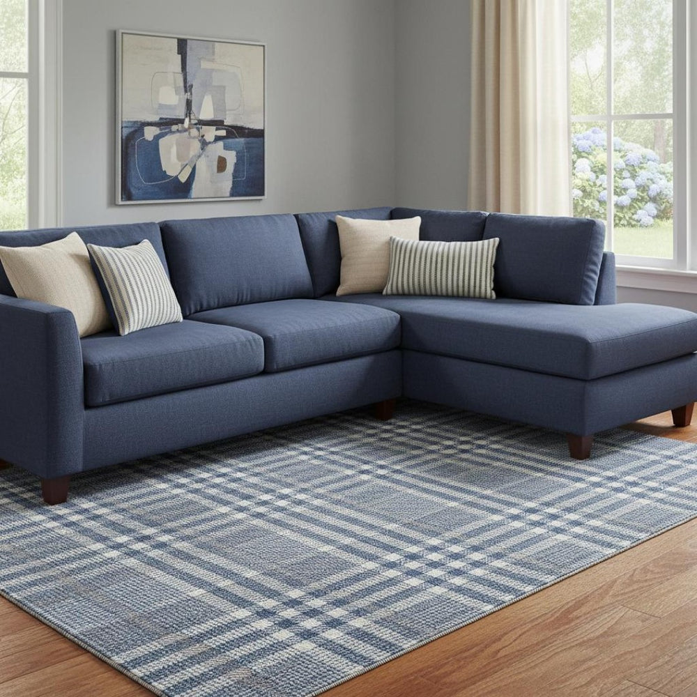 HomeRoots 8' X 10' Washable Navy Blue Ivory Gray Plaid Area Rug - Durable, Stain-Resistant, UV-Protected Design 682641