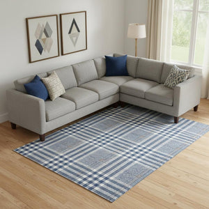 HomeRoots 9' X 12' Washable Navy Blue Plaid Area Rug with UV Protection, Stain Resistance & Durable Backing 682642