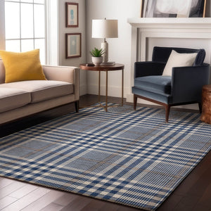 HomeRoots 9' X 12' Washable Navy Blue Plaid Area Rug with UV Protection, Stain Resistance & Durable Backing 682642