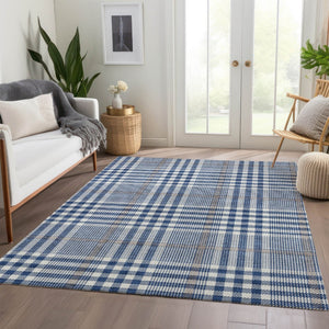 HomeRoots 9' X 12' Washable Navy Blue Plaid Area Rug with UV Protection, Stain Resistance & Durable Backing 682642