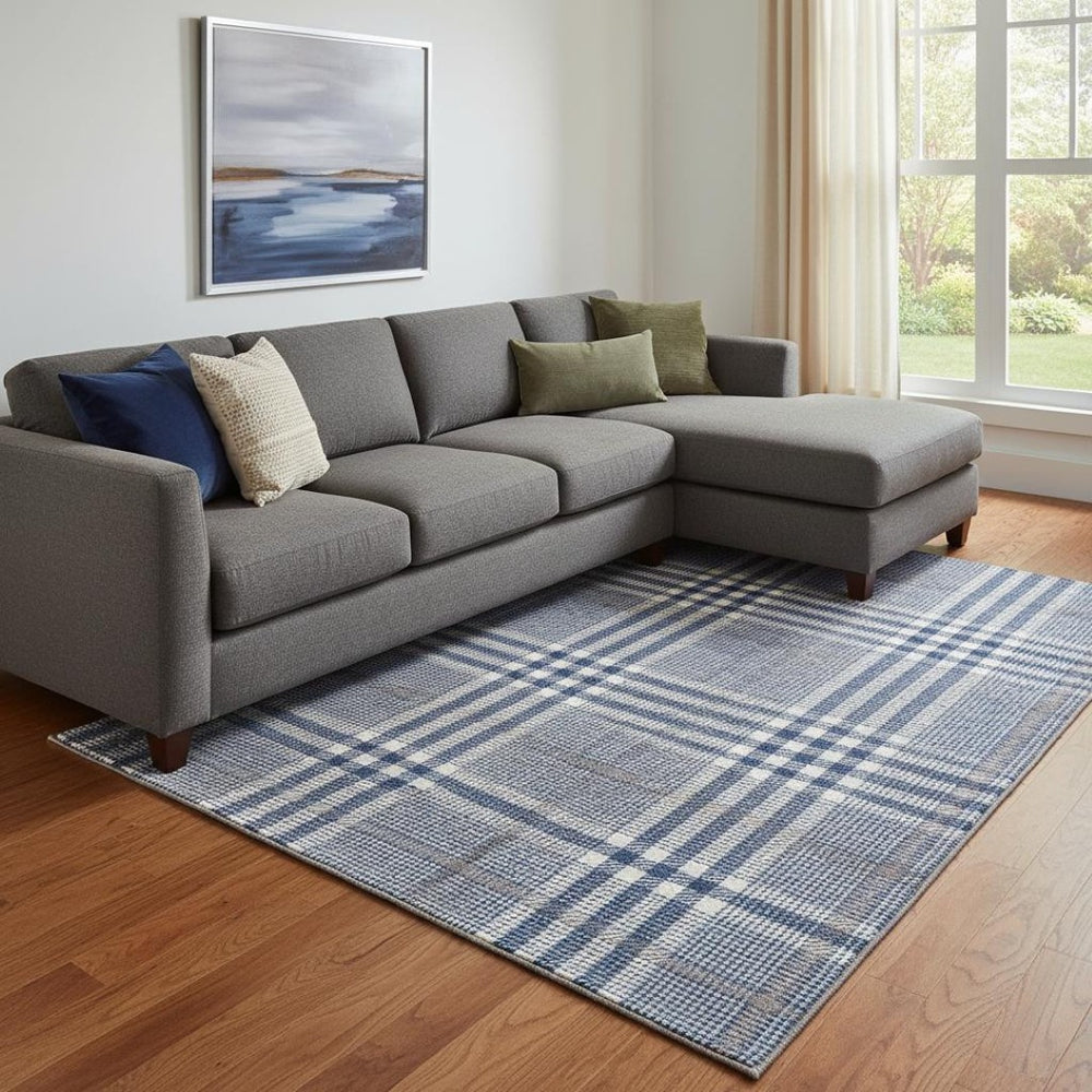 HomeRoots 10' X 14' Washable Navy Blue, Ivory & Gray Plaid Area Rug with UV Protection for Homes with Kids & Pets 682643