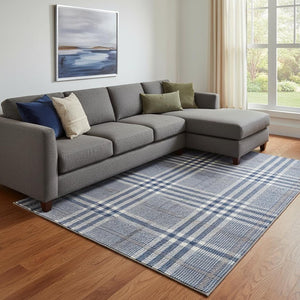 HomeRoots 10' X 14' Washable Navy Blue, Ivory & Gray Plaid Area Rug with UV Protection for Homes with Kids & Pets 682643