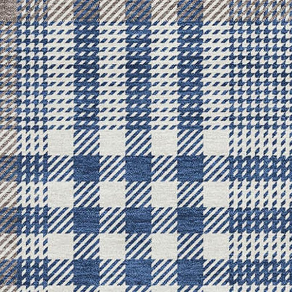 HomeRoots 10' X 14' Washable Navy Blue, Ivory & Gray Plaid Area Rug with UV Protection for Homes with Kids & Pets 682643