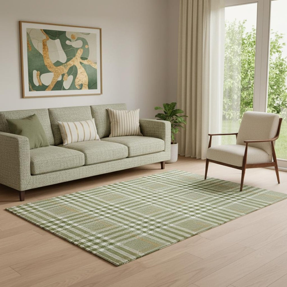 HomeRoots 5' X 8' Olive Green Ivory Gold Plaid Area Rug - Washable, UV Protected, Stain-Resistant Home Decor 682645