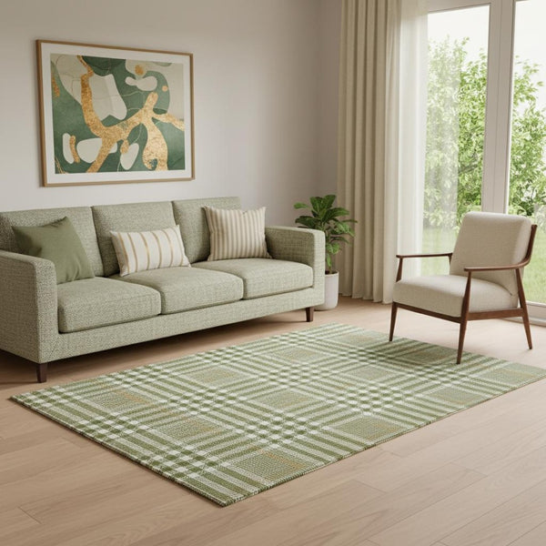 HomeRoots 5' X 8' Olive Green Ivory Gold Plaid Area Rug - Washable, UV Protected, Stain-Resistant Home Decor 682645