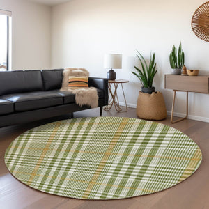 HomeRoots 8' Olive Green Ivory Gold Plaid Washable Round Rug - Durable, UV Protected, Easy Care for Homes 682646