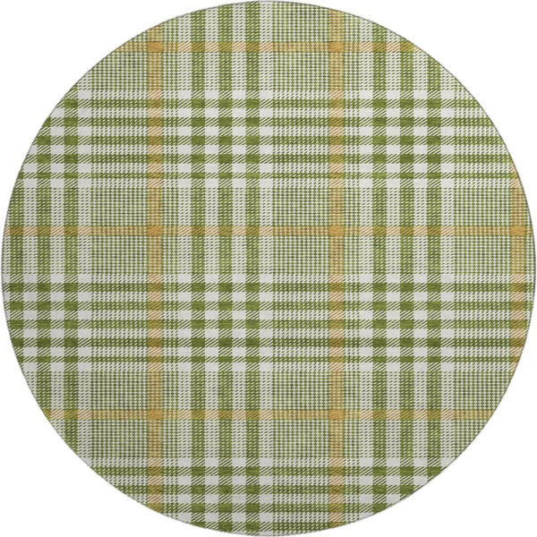 HomeRoots 8' Olive Green Ivory Gold Plaid Washable Round Rug - Durable, UV Protected, Easy Care for Homes 682646