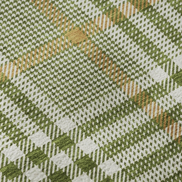 HomeRoots 8' Olive Green Ivory Gold Plaid Washable Round Rug - Durable, UV Protected, Easy Care for Homes 682646