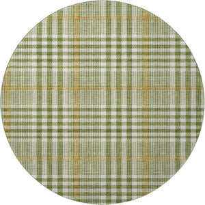 HomeRoots 8' Olive Green Ivory Gold Plaid Washable Round Rug - Durable, UV Protected, Easy Care for Homes 682646