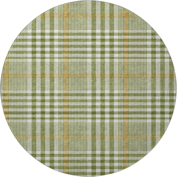 HomeRoots 8' Olive Green Ivory Gold Plaid Washable Round Rug - Durable, UV Protected, Easy Care for Homes 682646