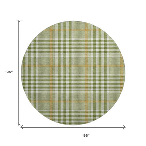 HomeRoots 8' Olive Green Ivory Gold Plaid Washable Round Rug - Durable, UV Protected, Easy Care for Homes 682646