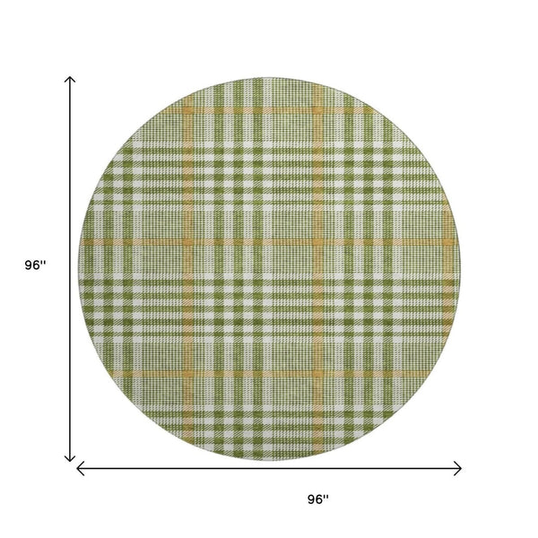 HomeRoots 8' Olive Green Ivory Gold Plaid Washable Round Rug - Durable, UV Protected, Easy Care for Homes 682646