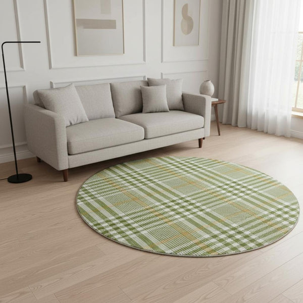 HomeRoots 8' Olive Green Ivory Gold Plaid Washable Round Rug - Durable, UV Protected, Easy Care for Homes 682646