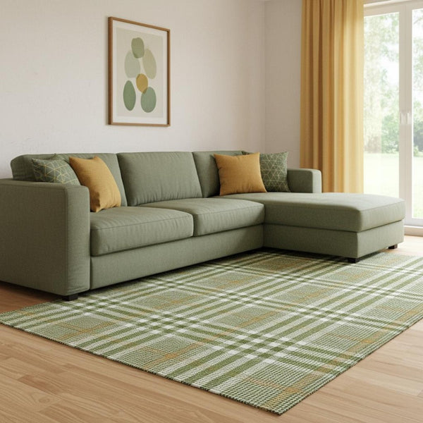 HomeRoots 8' X 10' Stylish Olive Green Plaid Area Rug - Washable, UV Protected & Perfect for Any Space! 682647