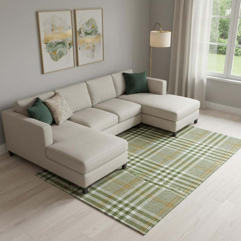 HomeRoots 9' X 12' Olive Green Ivory Gold Plaid Area Rug - Washable, UV Protected, Stain Resistant & Durable 682648