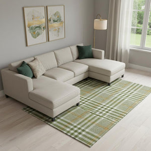 HomeRoots 9' X 12' Olive Green Ivory Gold Plaid Area Rug - Washable, UV Protected, Stain Resistant & Durable 682648