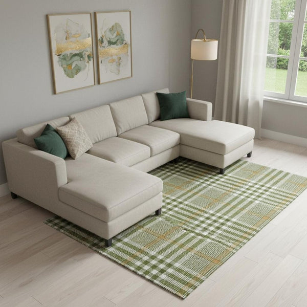 HomeRoots 9' X 12' Olive Green Ivory Gold Plaid Area Rug - Washable, UV Protected, Stain Resistant & Durable 682648