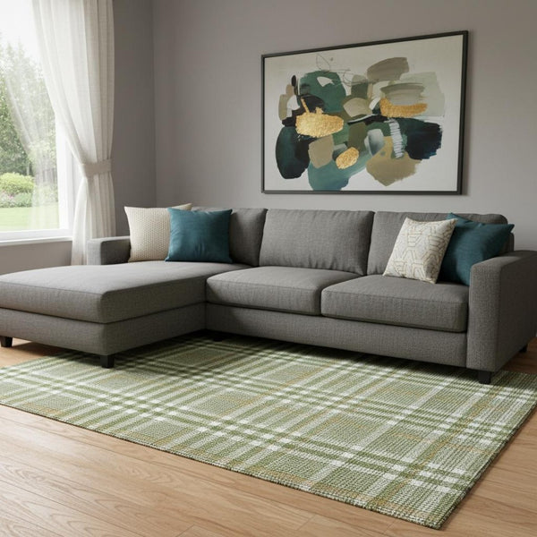 HomeRoots 10' Olive Green, Ivory & Gold Plaid Washable Area Rug - Durable, Stain Resistant & UV Protected! 682649
